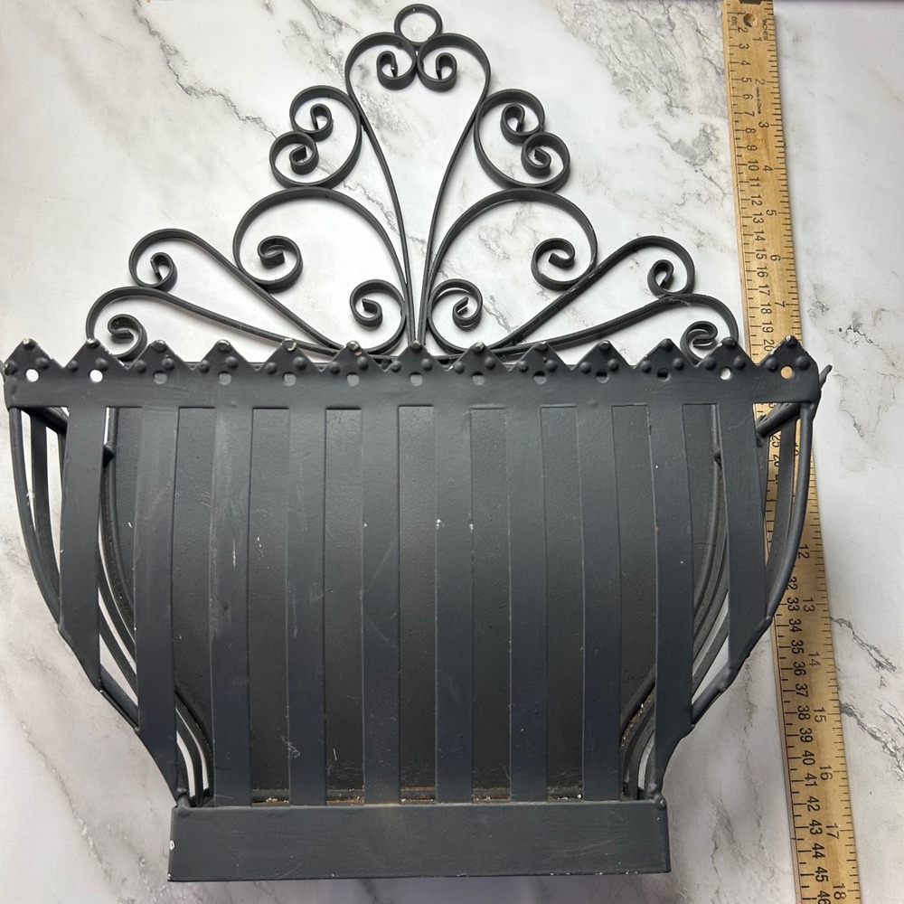 Vintage Black Wrought Iron Scrollwork Wall Basket Planter Mail Holder Ornate